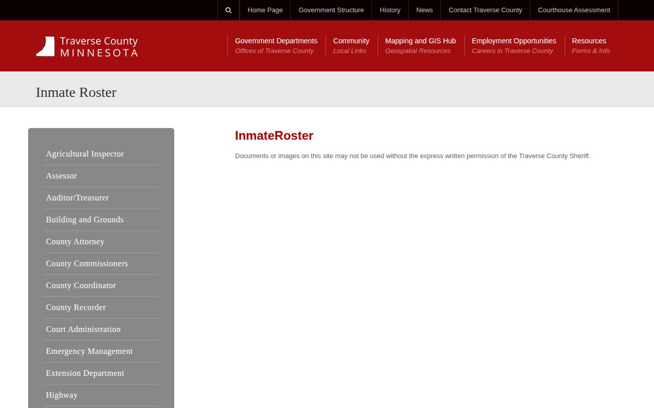 Traverse County booking record source on the official inmate roster page